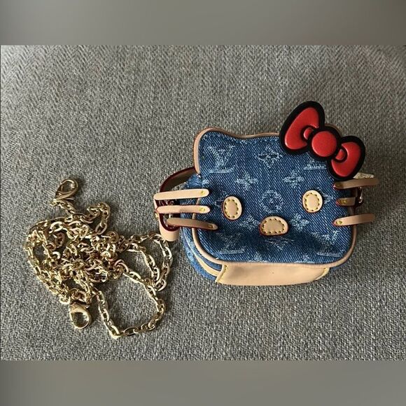 Hello kitty upcycled Louis Vuitton Denim Crossbody Bag with Chain - Picture 1 of 10